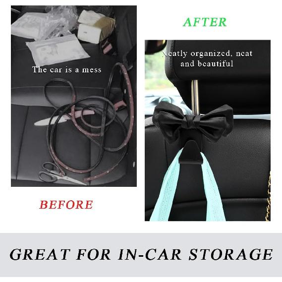 2 PCS Car Seat Headrest Hooks, Cute Bow Shaped Vehicle Backseat Storage Hooks, Leather Bow Shaped Sturdy Car Seat Back Hooks For