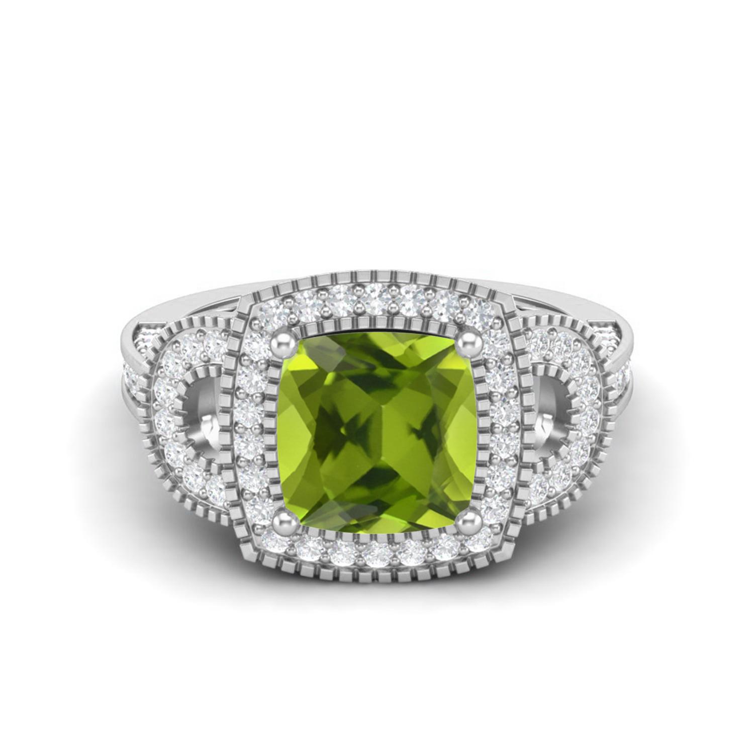 

4.06 Ctw Cushion Peridot 925 Sterling Silver Solitaire Halo Women Wedding Ring 10 білий