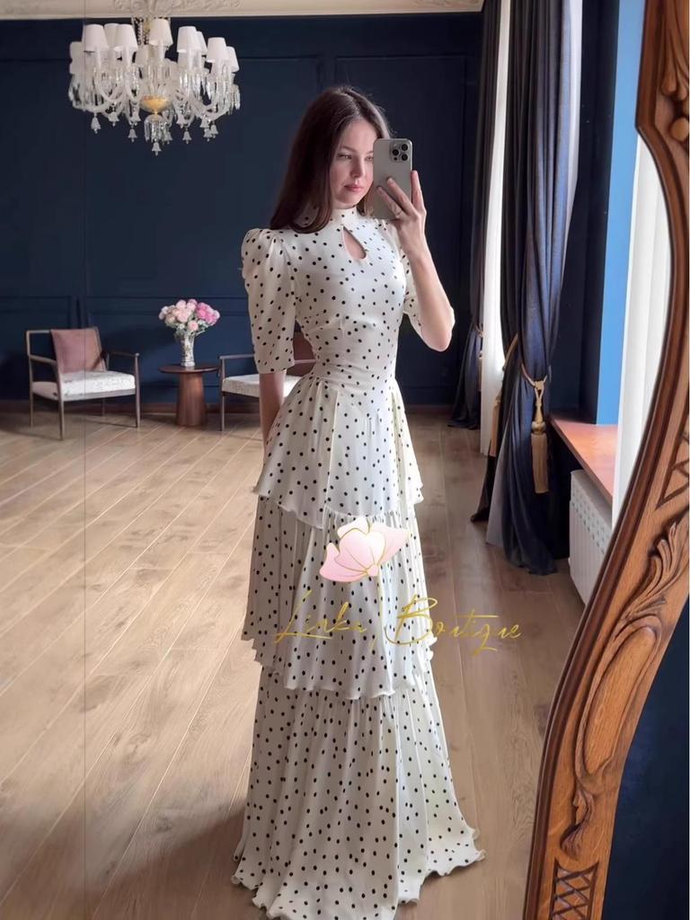 2025 Spring French Retro Polka Dot Short Sleeve Elegant Long Dress