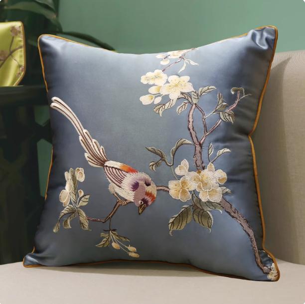 Chinesischer Stil Rosenmuster Seidenkissenbezug Chinesischer Stil Kaffee Lack Blau Kissenbezüge Luxus Vögel Blumen Kissenbezug
