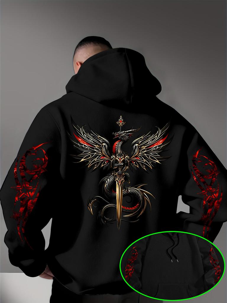 Men's Gothic Dragon Sword Hoodie Red Gold Dragon Graphic Black Streetwear Pullover Sweatshirt Hip Hop Sport Casual Top
