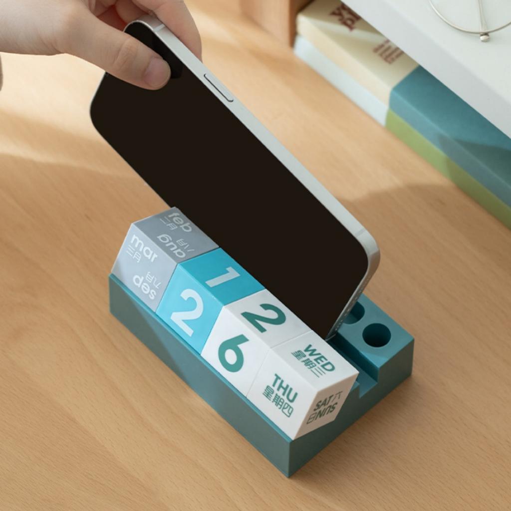 Desktop Ornament Perpetual Calendar Date Week Month DIY Square Block Office Desk Decoration Pen Phone Business Card Holder