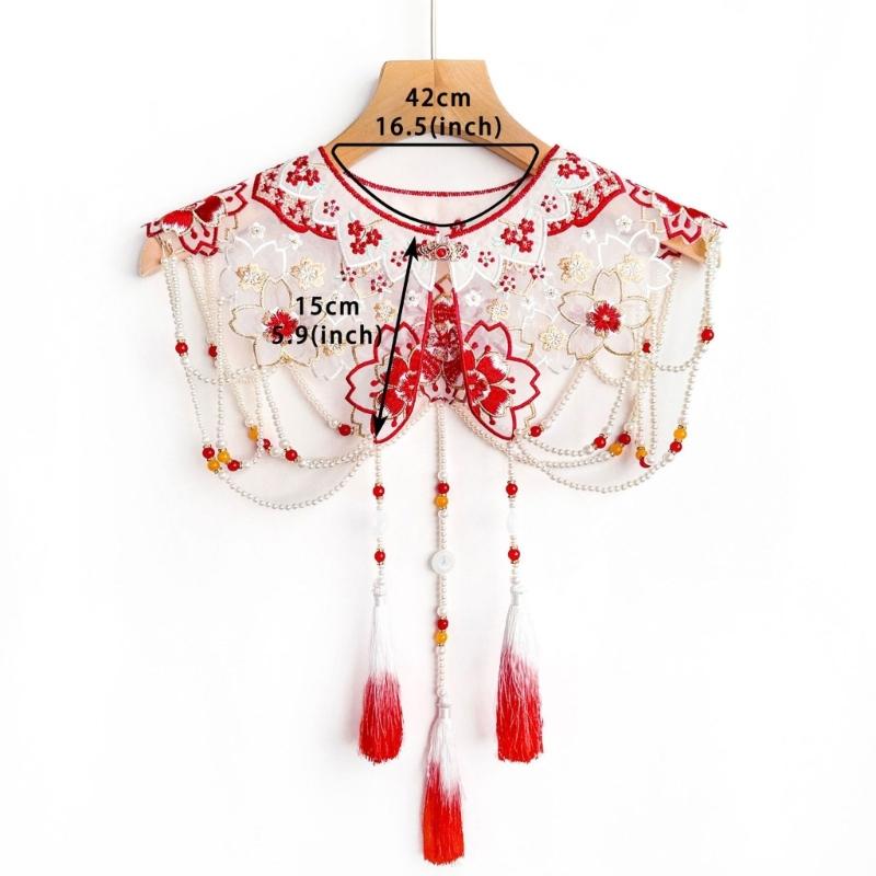 Traditional Chinese Styles Embroidery Collar Tassels Pearls Detachable Cloud Cape Decorative Collar Costume Accessory