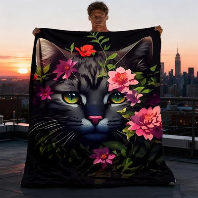 1pc Floral Cat Artwork Outdoor Soft Polyester Flannel Throw Blanket Versatile for All Seasons , Soft , Cozy , Warm All Season Quilted Throw ,