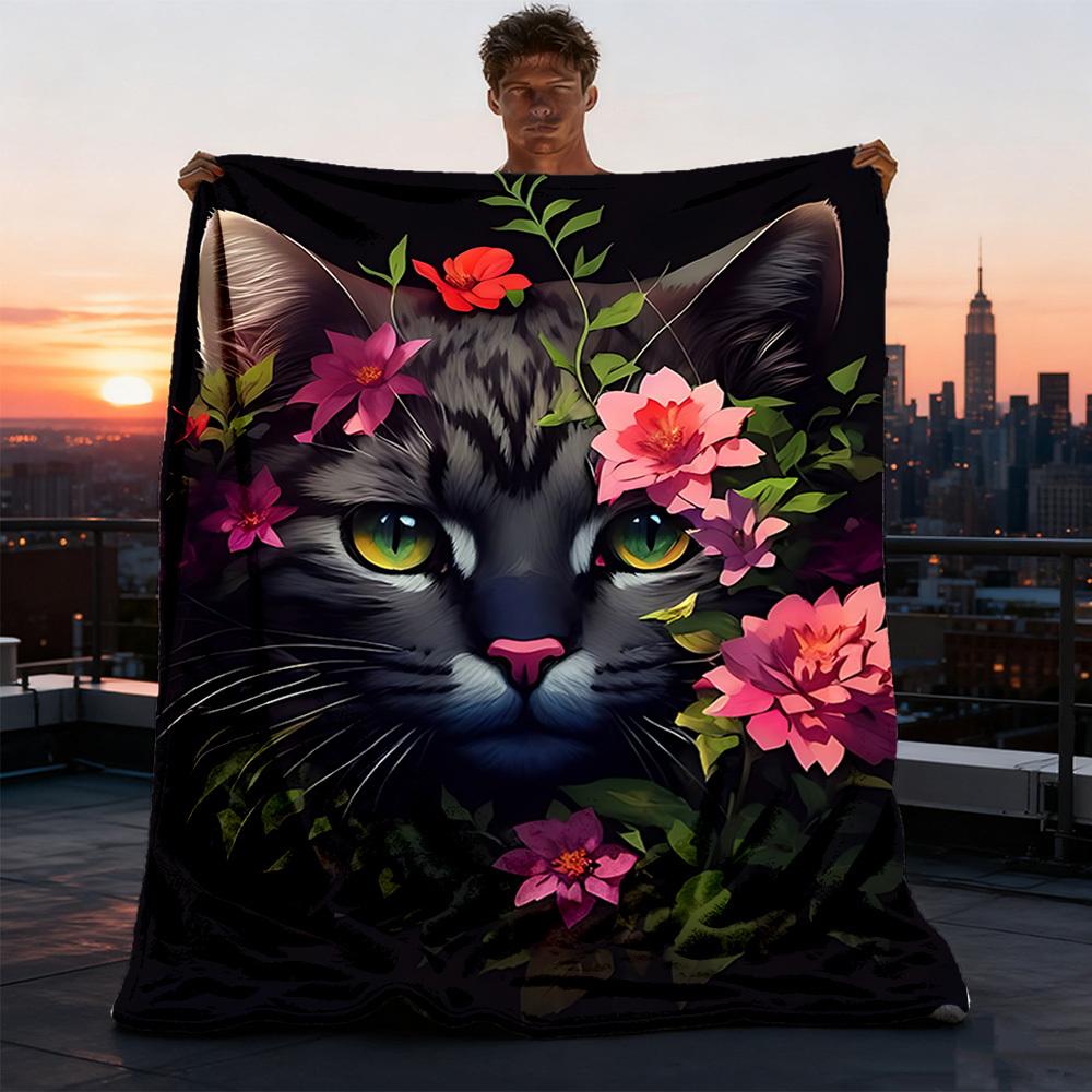 1pc Floral Cat Artwork Outdoor Soft Polyester Flannel Throw Blanket Versatile for All Seasons , Soft , Cozy , Warm All Season Quilted Throw ,