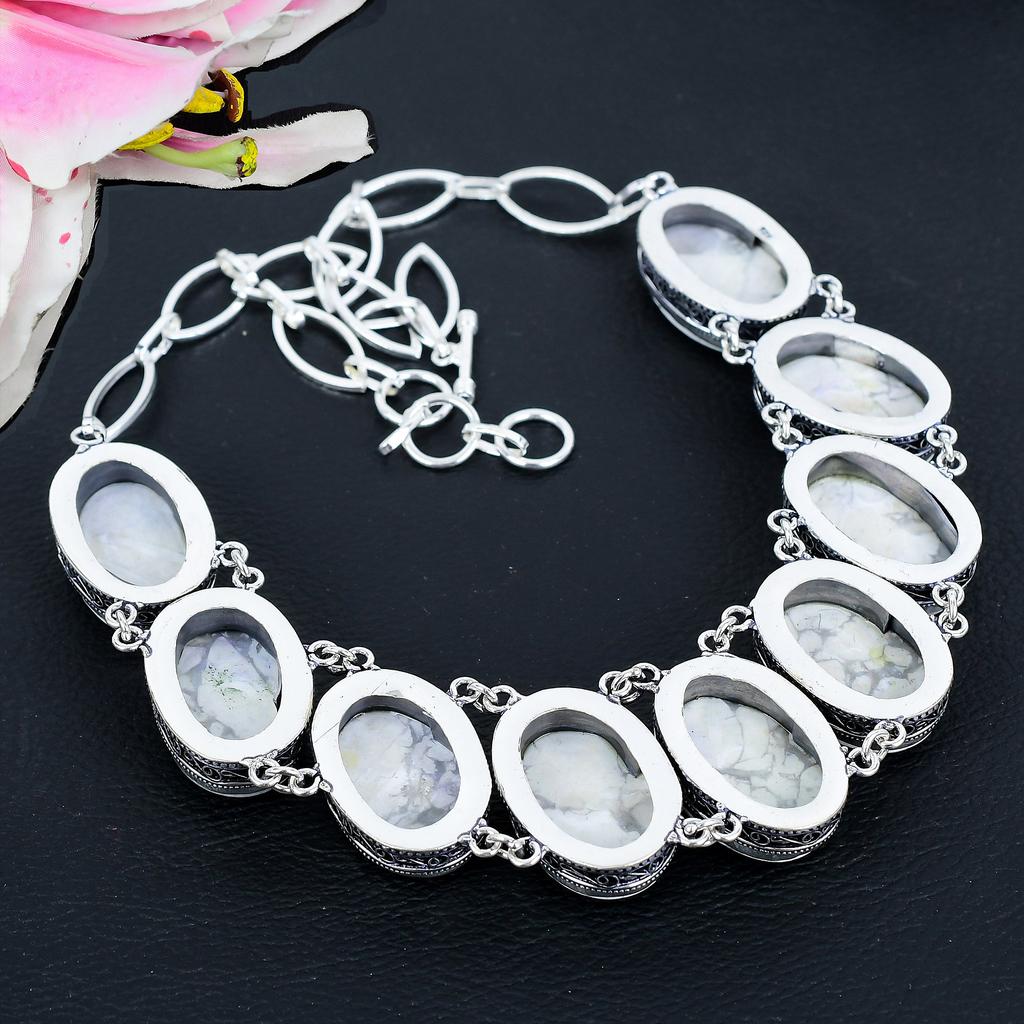 Howlite Jasper Gemstone Handmade 925 Sterling Silver Jewelry Necklace 18" KG-1634
