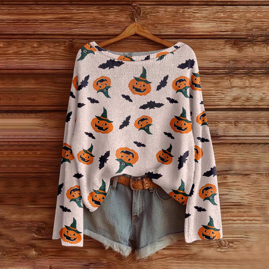 Women's Halloween Sweater, Bohemian Vintage Pattern Print Long Sleeve Knit Pullover
