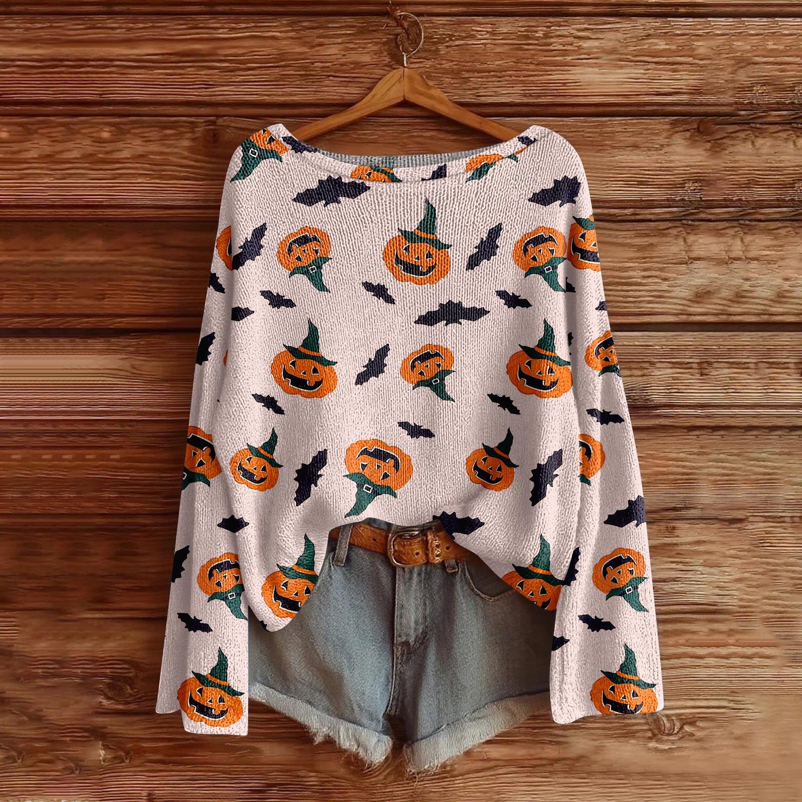 Women s Halloween Sweater, Bohemian Vintage Pattern Print Long Sleeve Knit Pullover L