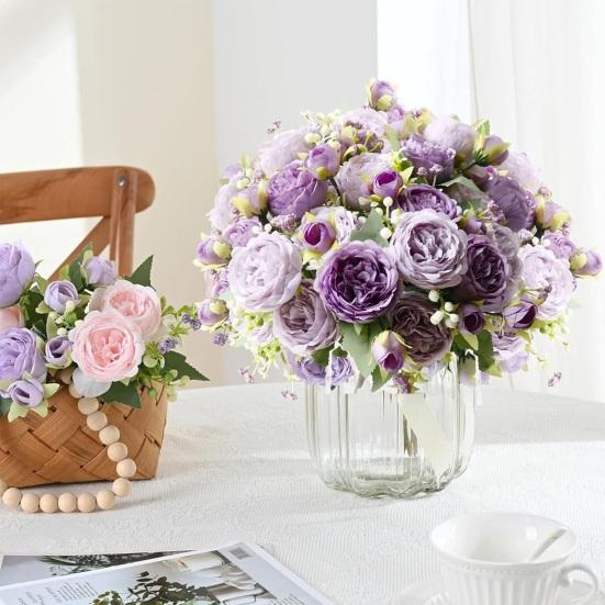 5-Head Artificial Peony Bouquet with Buds Realistic Faux Silk Peony Flower with Stem for Wedding Bridal Bouquet Floral Arrangement Table Centerpiece