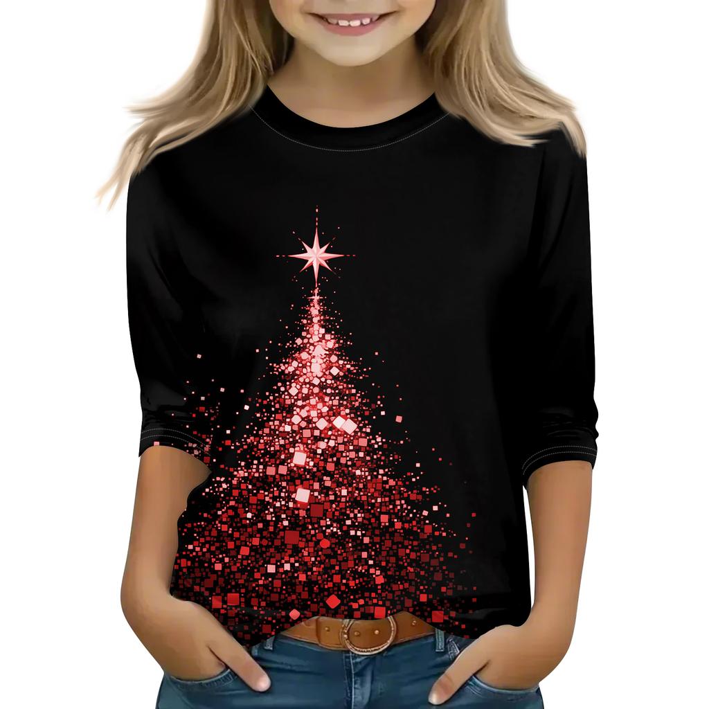 Christmas Day Print Tops For Youth Girls 4-11 Years Round Neck 3/4 Sleeves T-Shirts Trendy Tops Outfit Tees