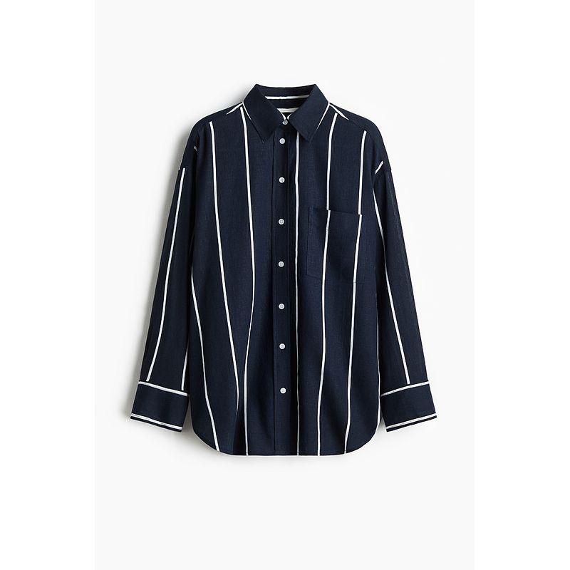 

HM 2025 Summer New Arrival Women s Clothing Fashion Casual Linen Blended Large Profile Shirt 1285864 Navy/Stripes 175/116