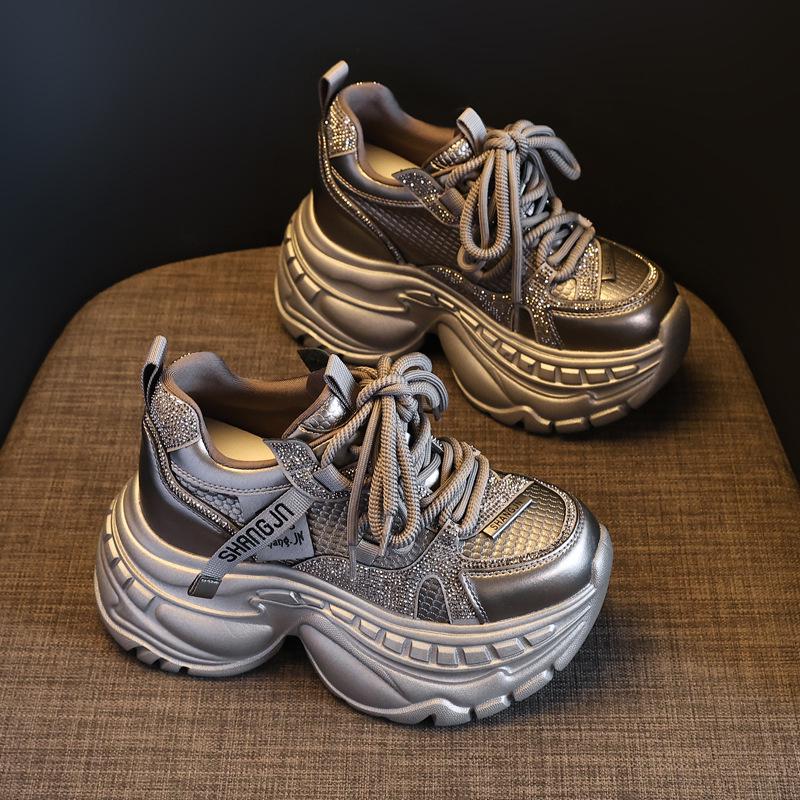 HS6798-51 Women's Rhinestone Platform Dad Shoes - Fall Trend, Hidden Heel, Thick-Soled, Super Soft Casual Sneakers.
