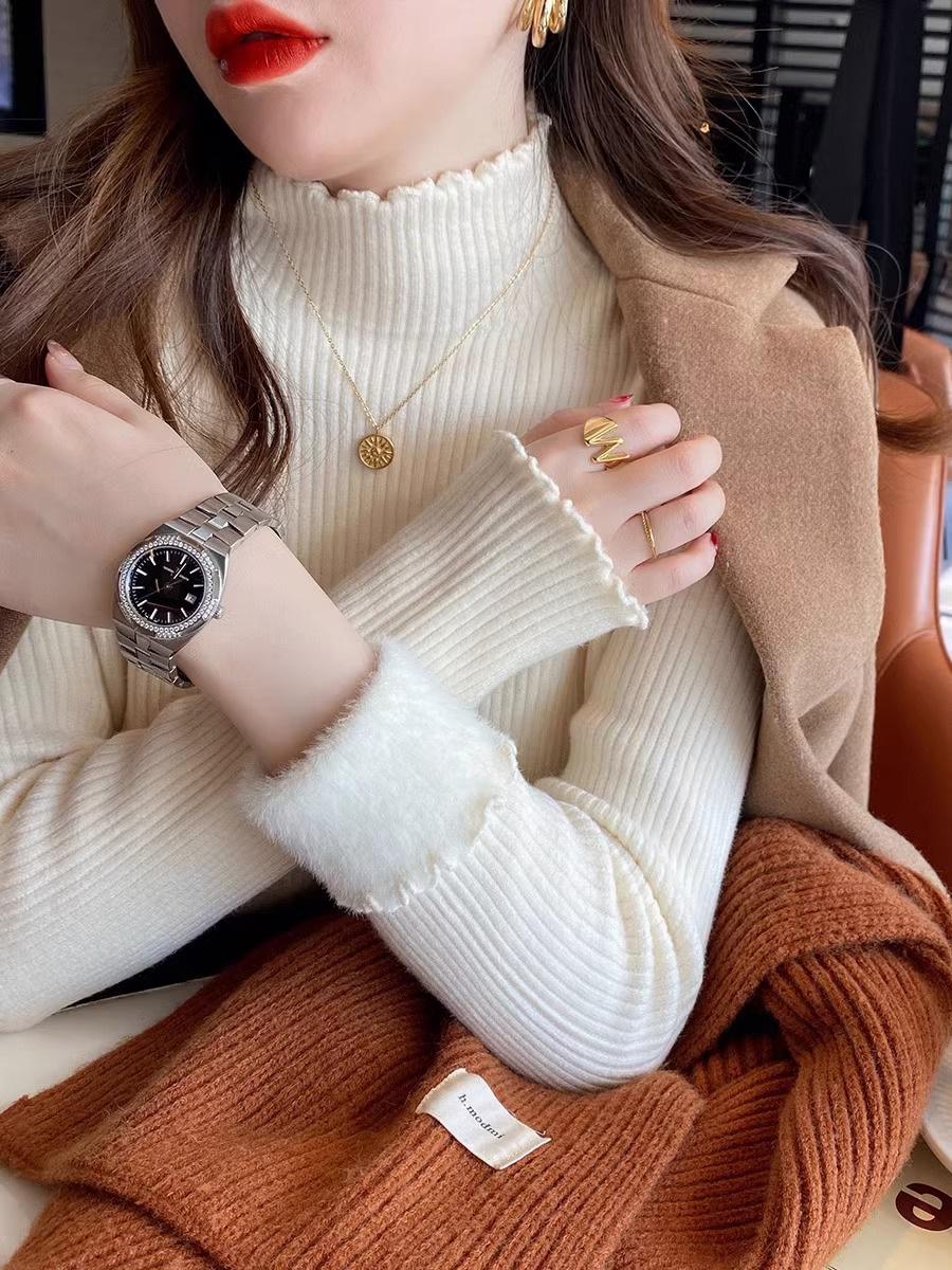 

Wood ear edge knitted sweater women s autumn and winter stacked wear integrated velvet warm small stand-up collar inner top bottom long sleeves XL абрикосовый