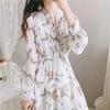 Waist Tightening Flower Printing Dress Ruffled Floral Shirtdress  Formal Occasion