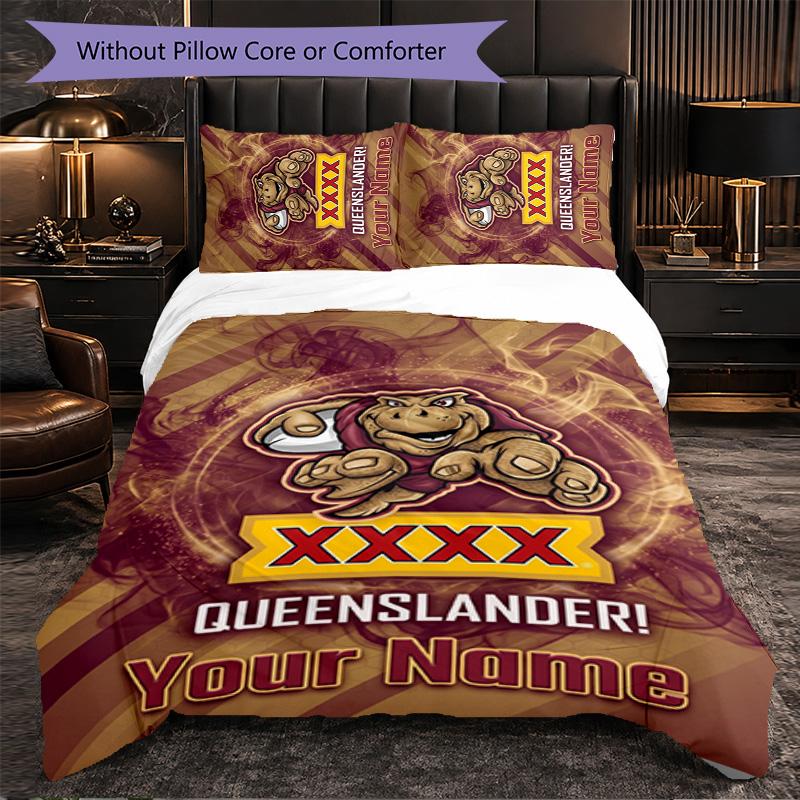 Queensland Maroons Customized Name Text Bedding Set, 1 Duvet Cover & 2 Pillowcases Personalized Bedroom Gift