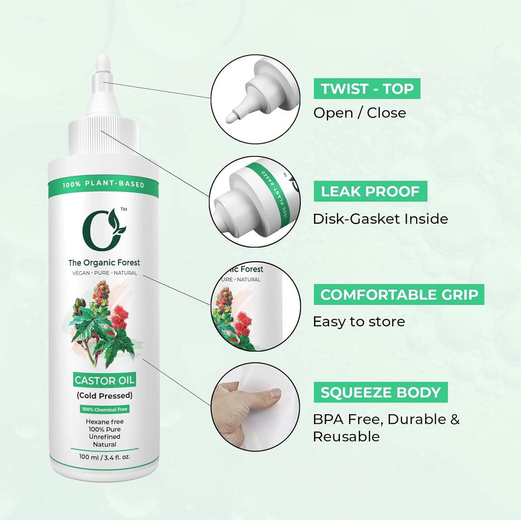 Organic Forest 100% WEGAŃSKI czysty olej rycynowy tłoczony na zimno do wzrostu włosów | Olejek do włosów bez heksanu dla kobiet i mężczyzn |