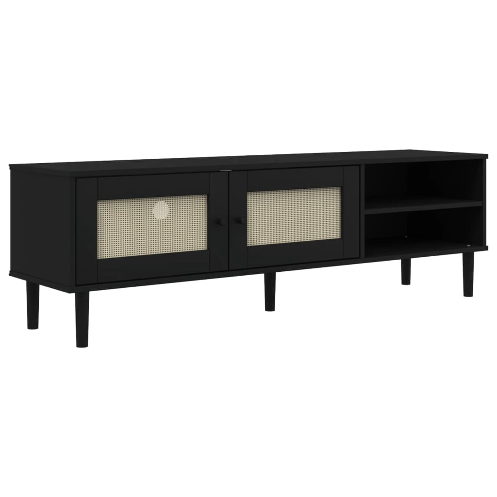 TV Stand SENJA Rattan Look Black 158x40x49cm Pine Wood