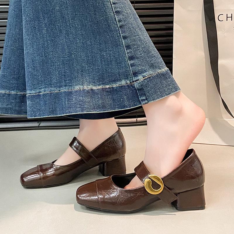 2025 Autumn Korean-Style Mary Janes: Soft Leather Square-Toe Chunky Heel Mid-Heel Shoes for Women