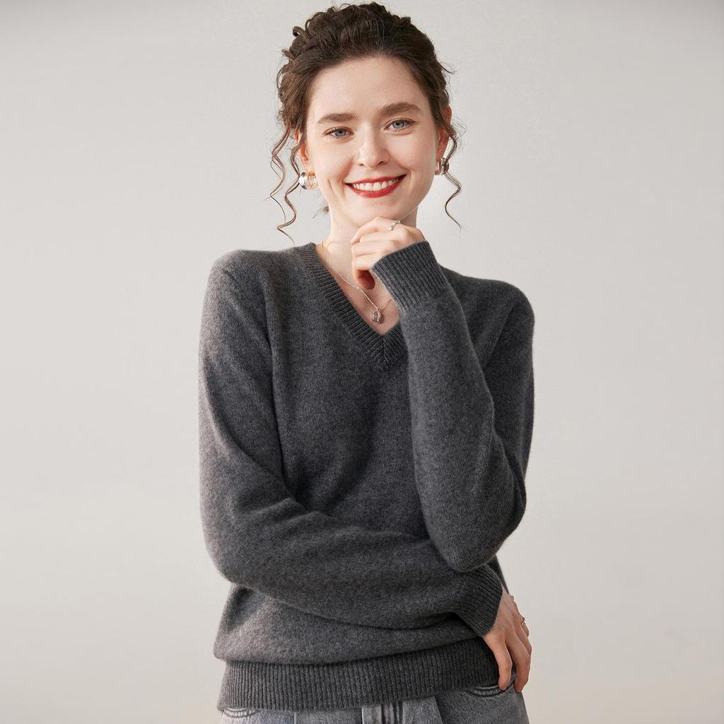 Damen Kaschmir V-Ausschnitt Pullover - Verdickte Herbst/Winter Strickware, Langarm, Überschnittene Schulter, Sieben-Stich Pullover Basisschicht.