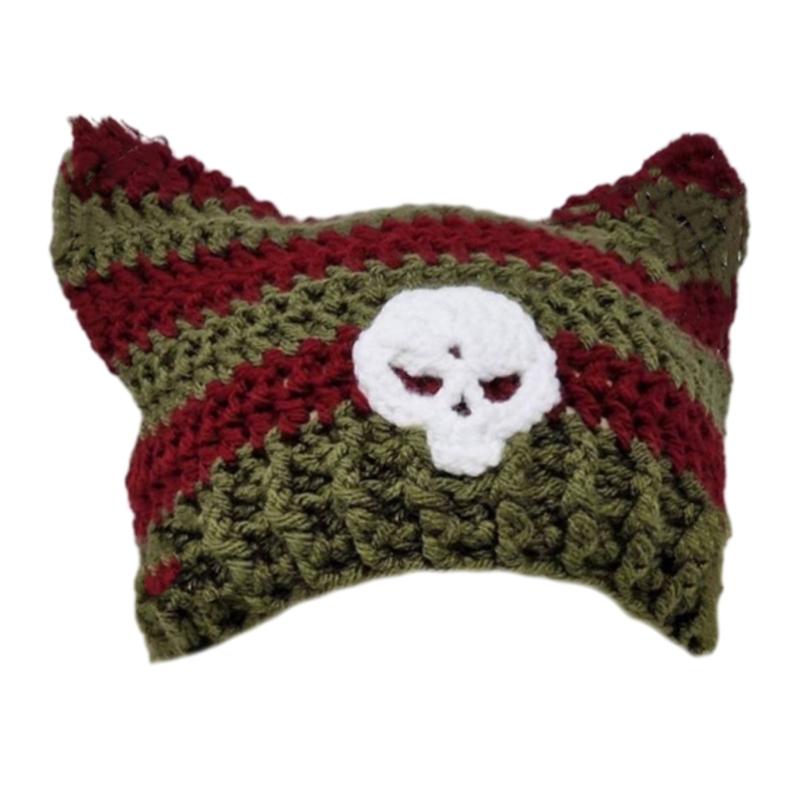 Y2K Anime Ear Cap Windproof Hat Female Beanie Headwear Handcrochet Pullover Hat
