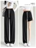 Checkered Ice Silk Wide-Leg Pants for Women, Summer 2025: High-Waist, Floor-Length, Casual Petite Straight-Leg Design