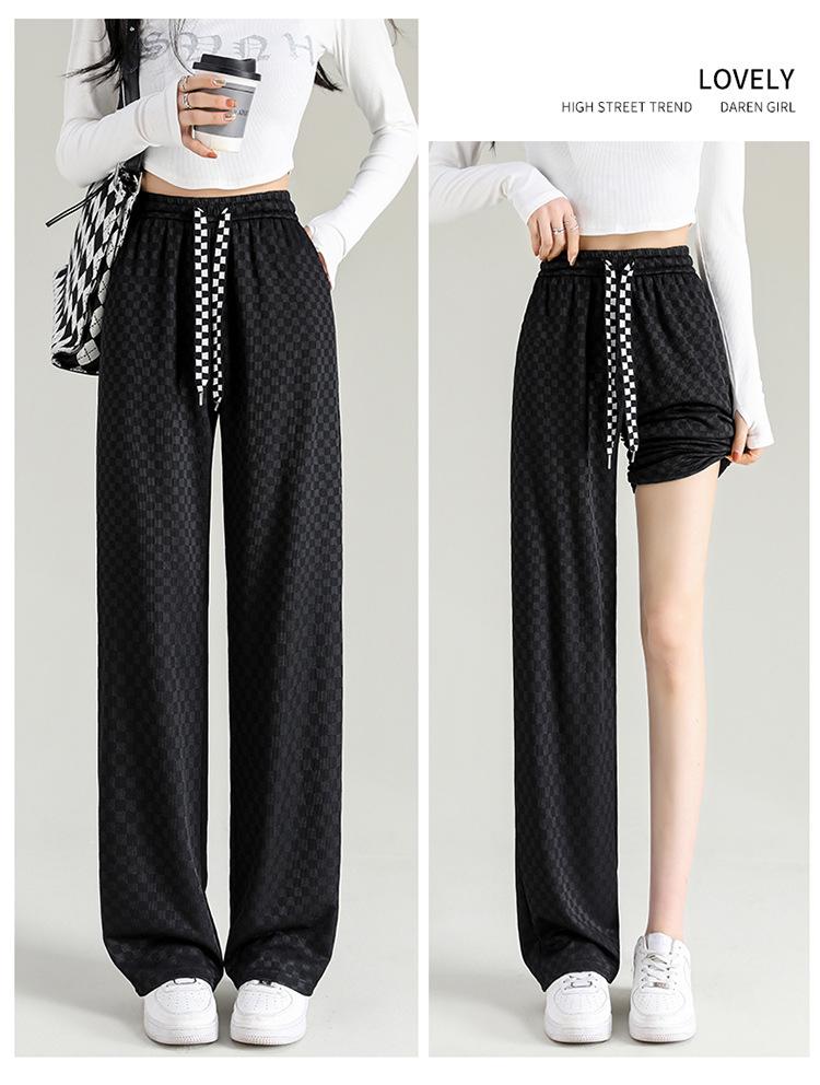 Checkered Ice Silk Wide-Leg Pants for Women, Summer 2025: High-Waist, Floor-Length, Casual Petite Straight-Leg Design