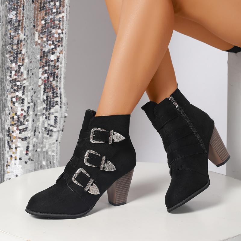 Fashion Brand Design Metal Buckle Decoration Ankle Boots Women 2025 Autumn Point Toe Side Zip Western Booties Sexy Suede High Heel Boots