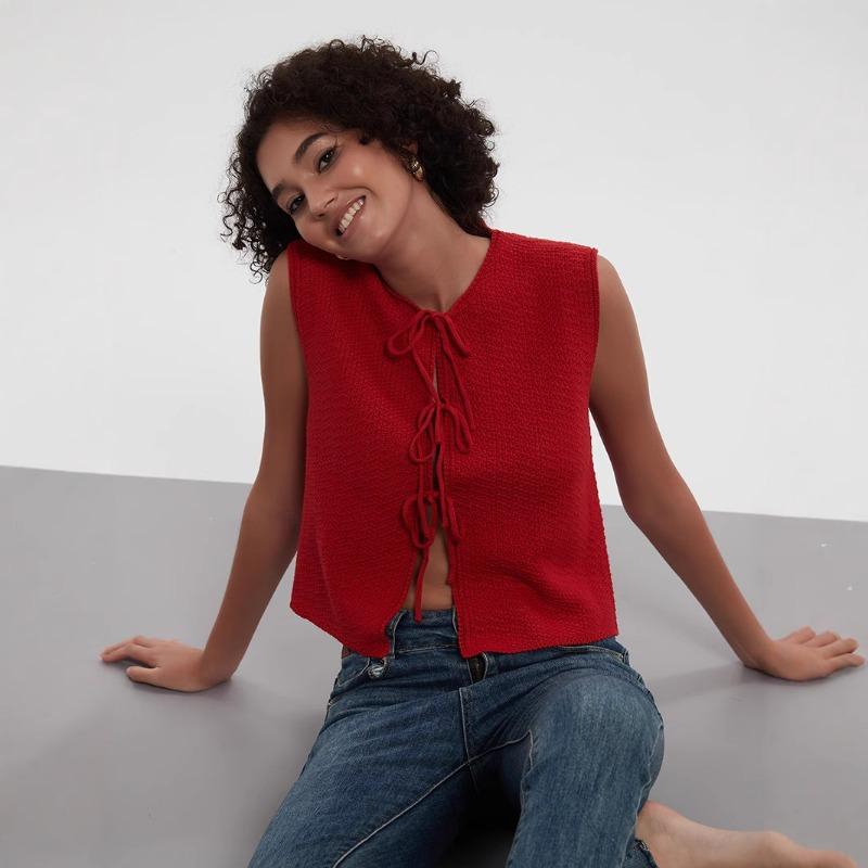 Módní šněrovací pletená vesta jednobarevná všestranná top vesta bez rukávů