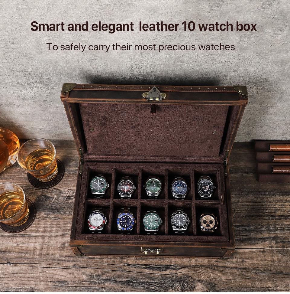Handmade Retro Crazy Horse Leather Watch Display & Collection Box - Ten-Slot Drop-Proof Design