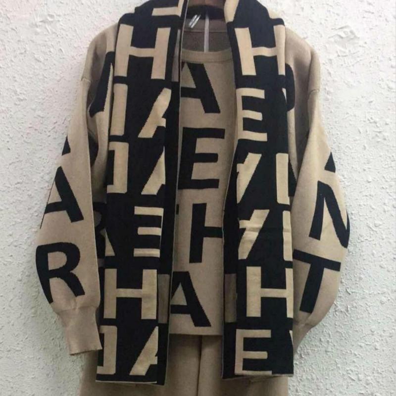 Brand Designer High Street Women Knitted 3 Piece Set Fall Winter New Letter Print Knitted Loose Sweater +Shawl Scarf +Wide-leg Pants Suits