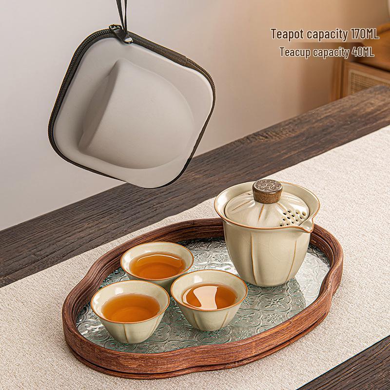 Ru Kiln Portable Tea Set with Three Cups - Ideal for Travel, Home, or Corporate Gifts