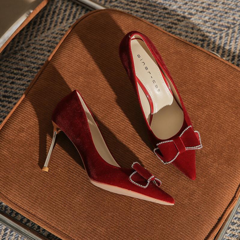 817-8 High Heels Women's Thin Heels 2025 New Pointed Head Shallow Mouth Single Shoes Show Clothes Red Bridal Wedding Shoes