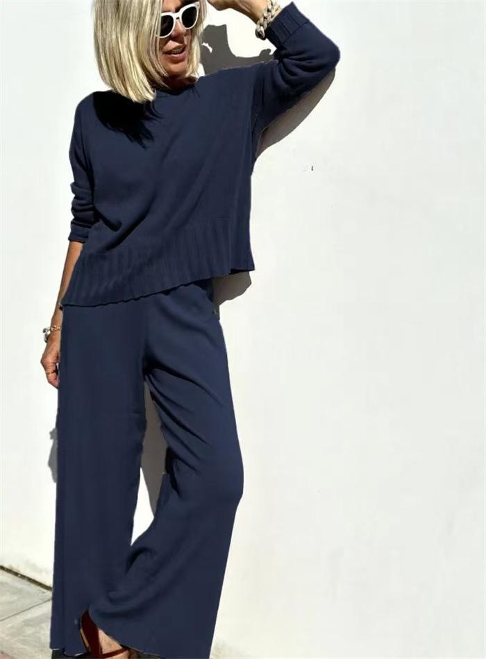 Spring 2025 Elegant Knit Wide-Leg Pants & Sweater Set - Casual Two-Piece Ensemble