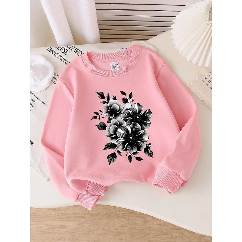 European Sizes Kids' Round-Neck Hoodie | Black and White Floral Pattern, , Sportswear and Casual Wear, Soft and Comfortable, Playful Design