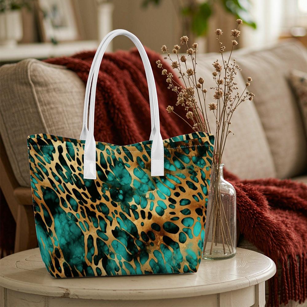 Teal Golden Leopard Pattern Tote Bag Fashion Ladies Daily Shoulder Handbag Casual Top Handle Bag