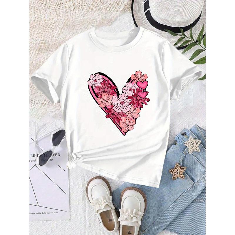 European Sizes Girls' Stylish Casual Print T-Shirt, Round Neck, Short Sleeves, with a Slight Stretch In The Fabric, Minimalist Style