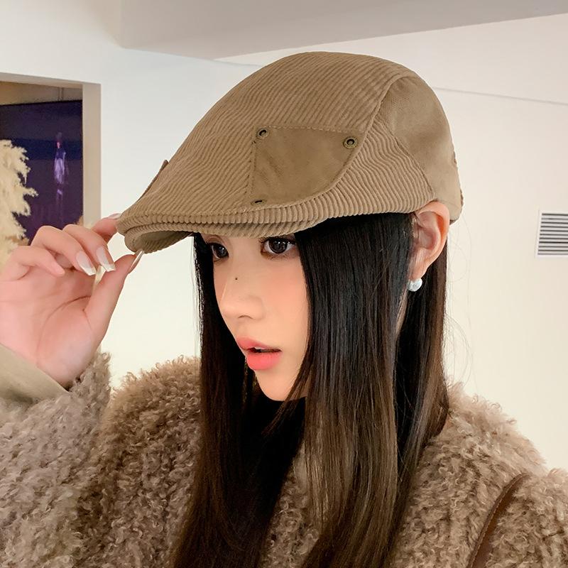 Autumn and winter hat women's retro versatile corduroy forward hat high-end newsboy hat warm beret