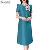 ZANZEA Womens Casual Flowers Patchwork Summer Short Sleeve Dress