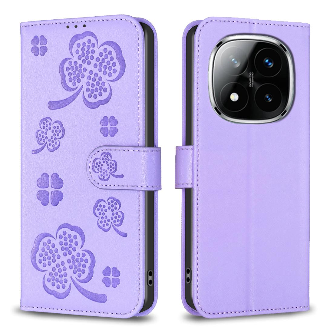 

For Xiaomi Redmi Note 14 Pro+ 5G/Note 14 Pro 5G/Poco X7 5G Case Clover Pattern Wallet Stand View Leather Phone Cover Purple