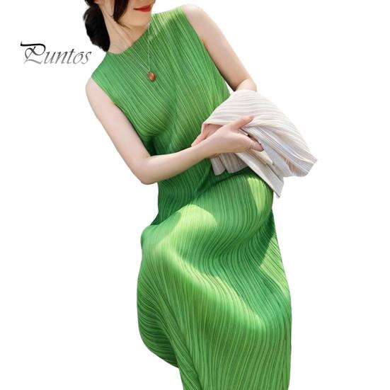 Dámské vestové šaty plisované volné s kulatým výstřihem jednobarevné rovné OL dojížděcí šaty bez rukávů midi šaty ke lýtkům