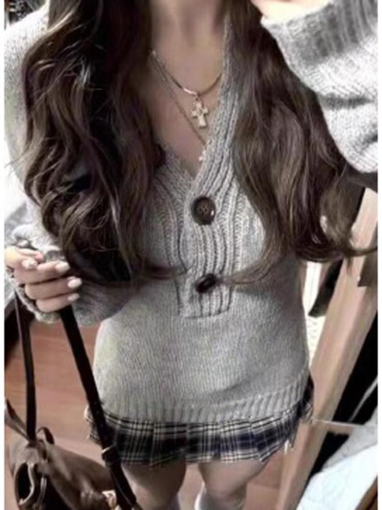 Aoaiiys Sweater Women Gray Long Sleeve Knitted Jumpers Spice Girls Slim Pullover Spring Autumn New Comfortable Casual Sweaters