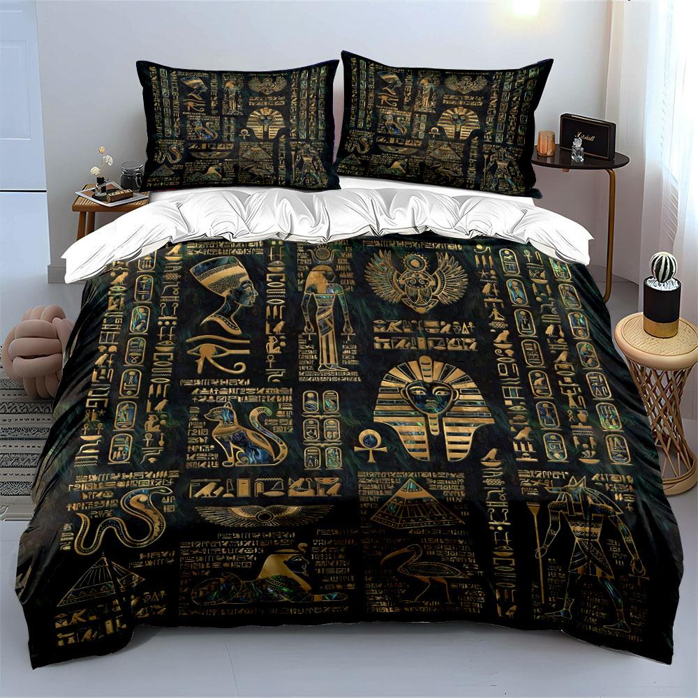 3Pcs Regal Egyptian Bedding Set, Vibrant Pattern of Ancient Art and Hieroglyphs Print Duvet Cover, Rich and Mysterious Vibe