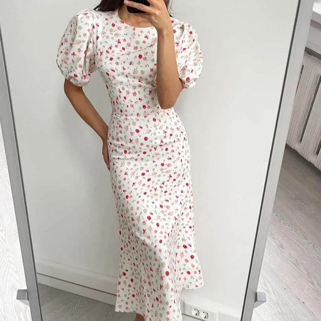 LYRIA Printed Floral Long Dress for Women Slim High Waist Puff Short Sleeve Dress Fashion Commuting Dress Fmale