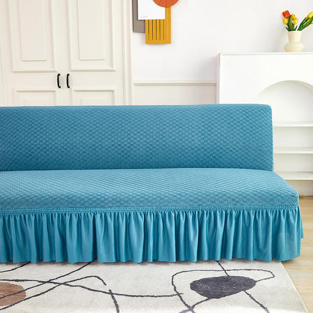 Velvet Jacquard Flower Grid Armless Sofa Cover Washable Elastic Slipcover Fitted Couch Bed Cover With Skirt