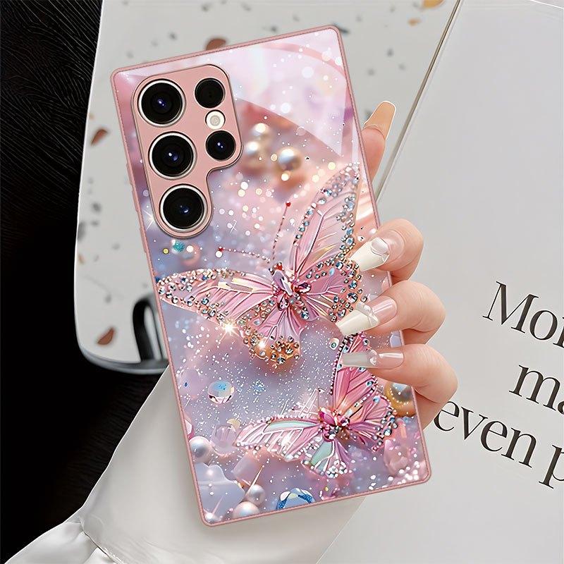 Pink Diamond Studded Butterfly Glass Phone Case Suitable for Samsung Galaxy S26 S25 S24 S23 S22 S21 S20 FE/Ultra/Plus Anti Drop
