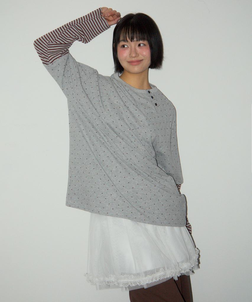 SOME PLACE Mini Dot Color Asymmetrical Stripe Two-Way Layered T-Shirt [Gray]