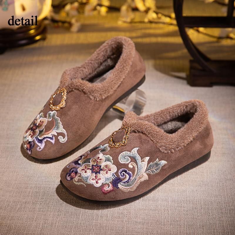 Pantofole invernali da donna, mocassini antiscivolo, scarpe da ginnastica ricamate con fodera in pelliccia sintetica, scarpe da casa per interni ed esterni, scarpe da passeggio calde per le donne