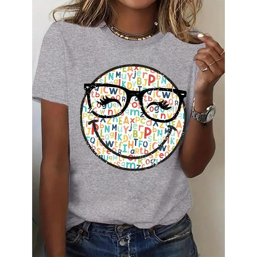 Sommar Rundhalsad Färgglad Leende Ansikte Mönster Tryckt Topp Trendig Vardaglig Ren Bomull Kortärmad Dam T-shirts