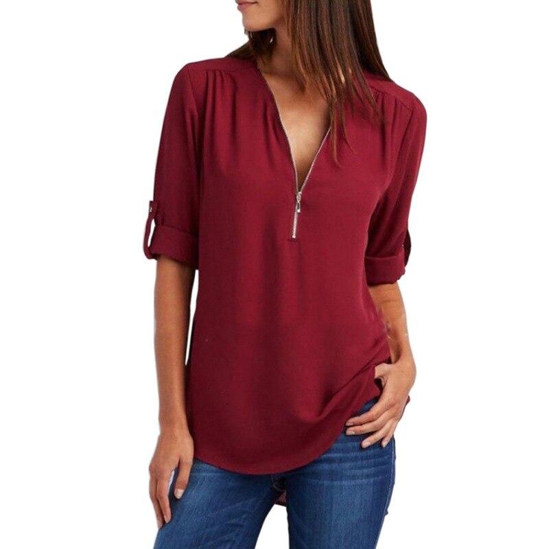Women's V-neck Zipper Plus Size Long-Sleeved Retractable Sleeves Loose Chiffon Shirt Top M-5XL