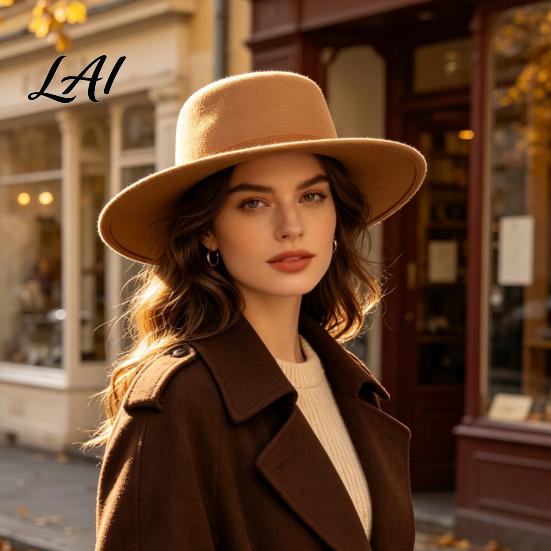 Polyester Warm Winter Cap Flat Top Fedora Hat Wool Blend Derby Cap Retro Jazz Elegant Headwear Wide Brim Felt Hat for Women Events & Daily